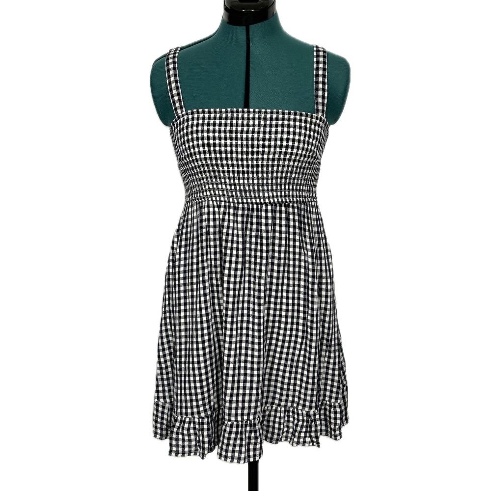 Abercrombie & Fitch Gingham Smocked Ruffle Dress Medium Black White Cottagecore